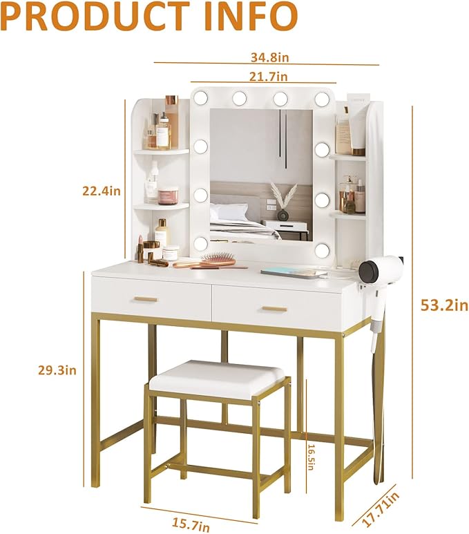 Vabches Vanity Desk with Mirror and Lights, with Charging Station,Makeup Vanity Table Set with Lighted Mirror, with 3 Lighting Modes and 2 Drawers&Cushioned Stool for Bedroom