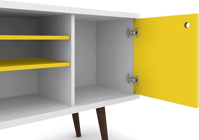 Manhattan Comfort Liberty Mid Century Modern TV Stand for Televisions up to 50 Inches, Bedroom and Living Room Entertainment Center with Storage, Shelves, and Cabinet, 53" Wide, White/Yellow