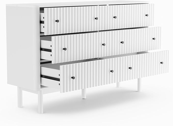 Fluted 6 Drawers Dresser for Bedroom, 54" Wide Modern Chest of Drawers with Faux Marble Top, Curved Profile Design, Solid Wood Legs, Wodden Dresser TV Stand, Storage Organizer for Bedroom, White