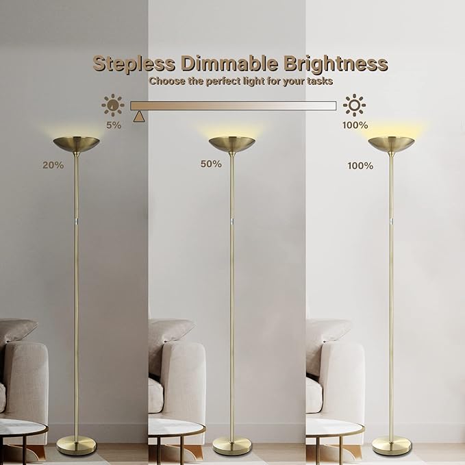 BoostArea Floor Lamp,Torchiere Standing Lamp,20W 2000LM LED Tall Floor Lamp,Stepless Dimmable,Touch Control,50000hrs Lifespan,Pale Floor Lamps for Living Room,Standing Lamps for Bedroom,Gold
