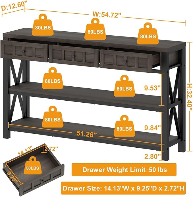 FATORRI Console Table with Storage for Entryway, Rustic Sofa Table with 3 Drawers for Living Room, Farmhouse Hallway Tables and Couch Tables Behind Sofa (54.72 Inch Long, Walnut Brown)