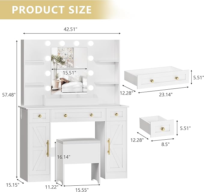 Vanity Makeup Desk with Mirror and Lights, Farmhouse Vanity Table Set with Storage Drawers, Charging Station & Chair, 43" Large Rustic Dressing Table, 3 Lighting Modes for Women Girls Bedroom, White
