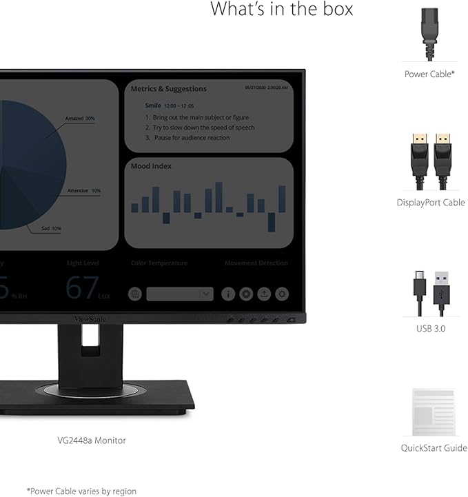 ViewSonic VG2448A 24 Inch IPS 1080p Ergonomic Monitor with Ultra-Thin Bezels, HDMI, DisplayPort, USB, VGA, and 40 Degree Tilt for Home and Office