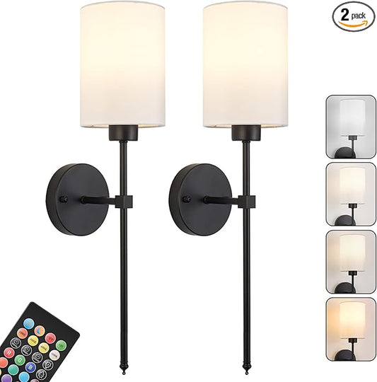 Battery Operated Wall Sconce Set of Two,Wireless Rechargeable Wall Light With Remote Control, Dimmable, 1800K/3000K/4000K/6000K/RGB, Timer, for Living Room, Bedroom, Fireplace, TV, 26.8 Inch, Black