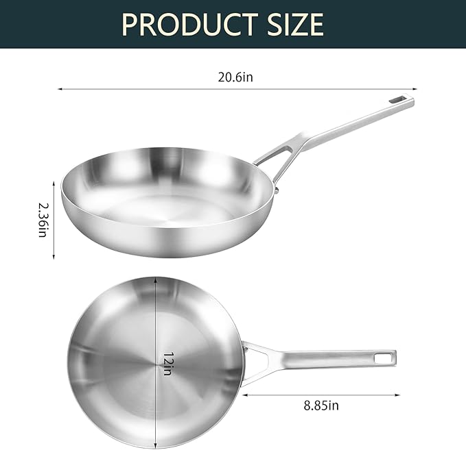 Tri-Ply Fully Bonded Stainless Steel 12Inch Frying Pan With Lid, Up to 600℉ Full Clad, Large Cooking Surface for Searing, Induction Ready, Dishwasher and Oven Safe