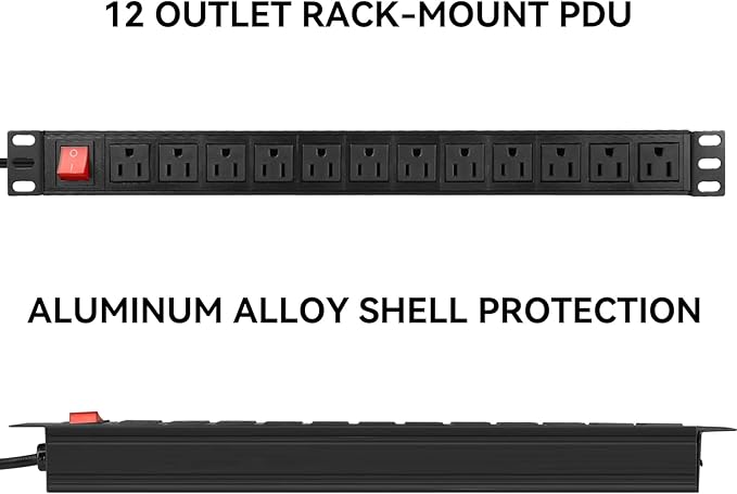 BTU Power Surge Protector Rack-Mount PDU, 12 Outlet Power Strip with Switch, Metal Mountable Heavy Duty for Server Racks, Garage Shop, Industrial Commercial (Black 6FT)