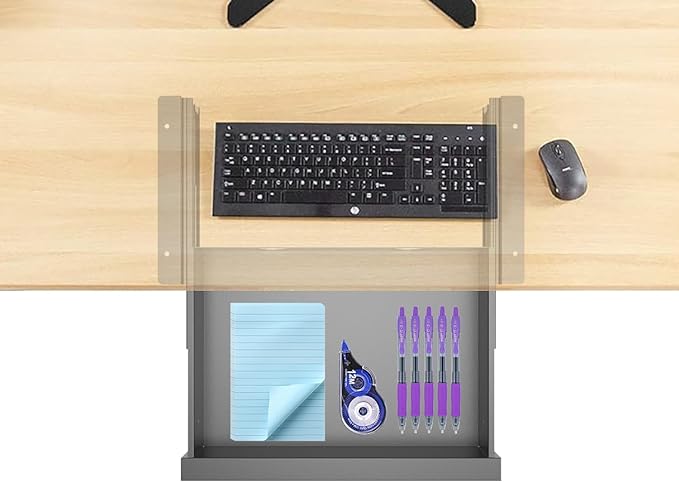 Dual Tier Under Desk Mounted Sliding Pull-out Drawer, 2 Layers W 15.3" x D 9.8" x H 5.1" Storage Organizer for Sit Stand Workstation, Metal, Black (2TierMedium)