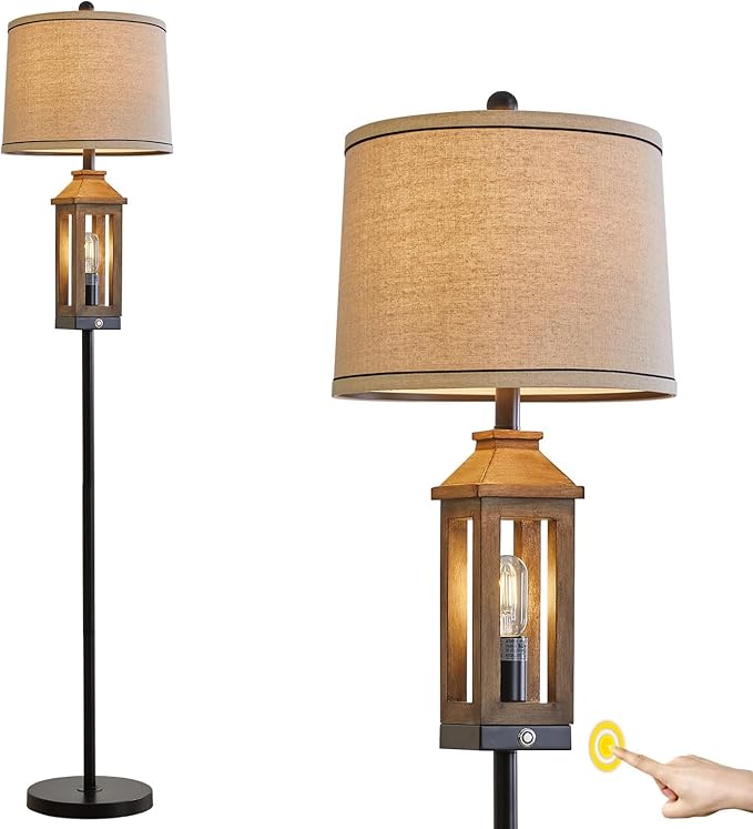 63" Farmhouse Floor Lamps for Living Room Bedside Nightstand Lamp Black Tall Standing Lamp for Home Decor Bedroom Reading Wood Lamp Rustic Bed Lights with 2 Light Sources