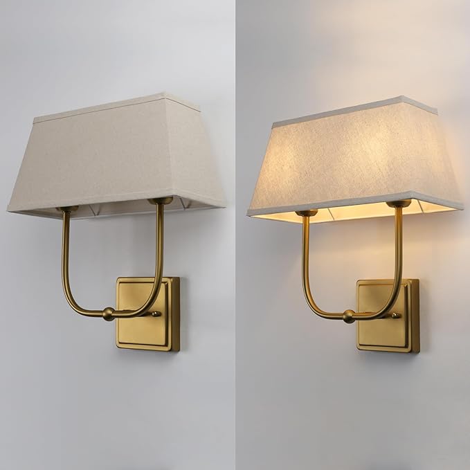 Vintage 2-Lights Wall Sconces with Linen Fabric Lampshade, Double Head Bathroom Vanity Lights Fixture in Antique Brass, Indoor Wall Lamps for Bedroom Living Room Hallway Stairway