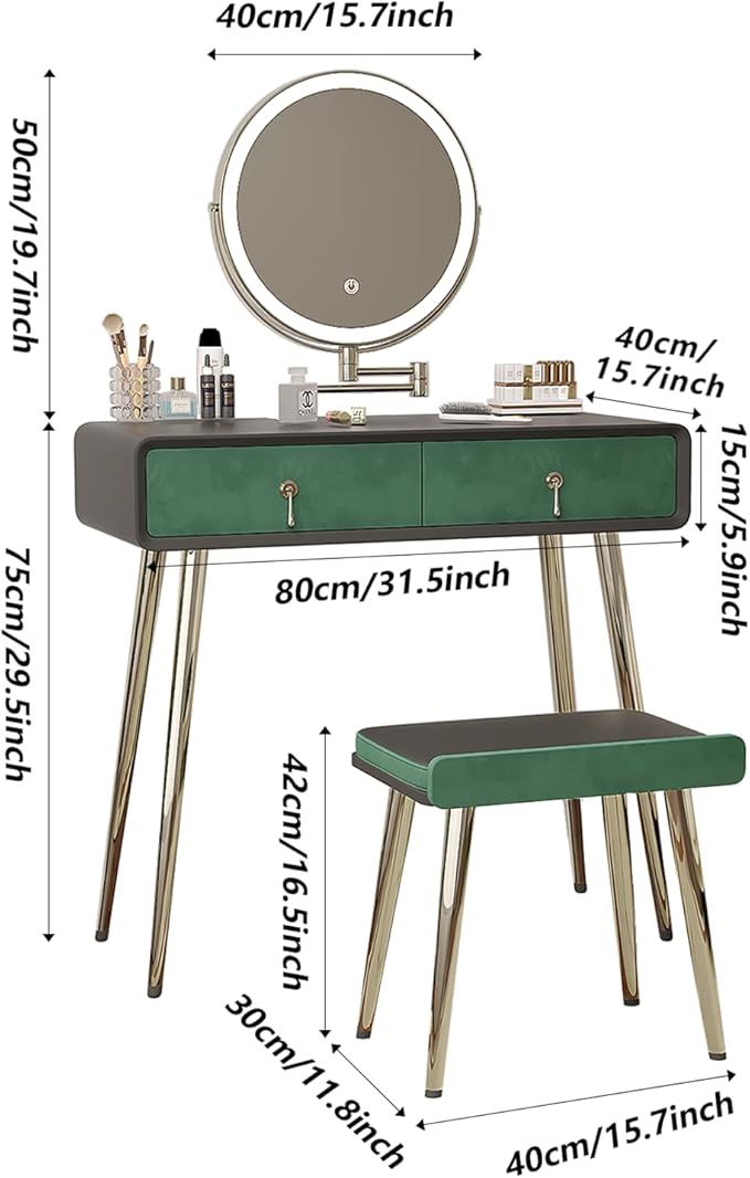Vanity Desk with Adjustable Mirror and Lights, Makeup Vanity with 2 Drawers and Chair, Small Dressing Table with Leather Surface for Bedroom, 3 Lighting Modes