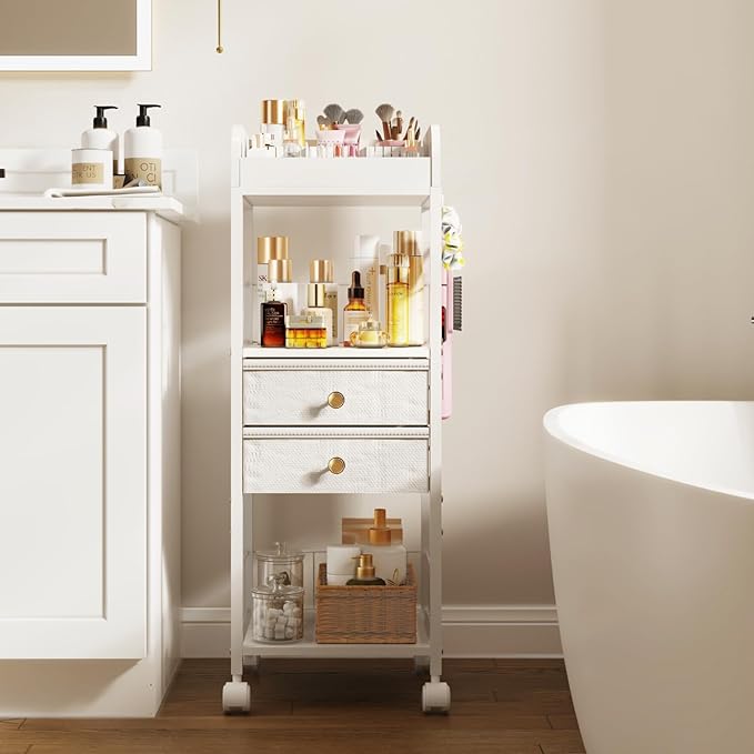 Floor Makeup Organizer with Lockable Wheels & 8 Dividers, 2-Drawer Rolling Skincare Cart for Cosmetics/Perfume/Nail Polish, Mobile Vanity Storage - White (Bathroom/Bedroom Use)