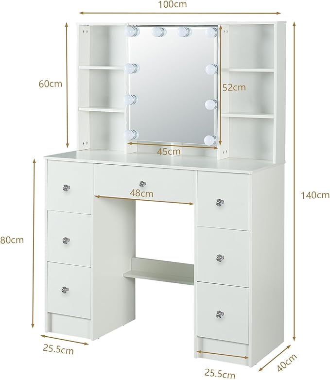 Large Vanity Table, Makeup Vanity with Mirror and Lights, 7 Drawers 8 Open Shelves, Hollywod Vanity Table for Girls and Women,100 * 40 * 140cm, Modern White