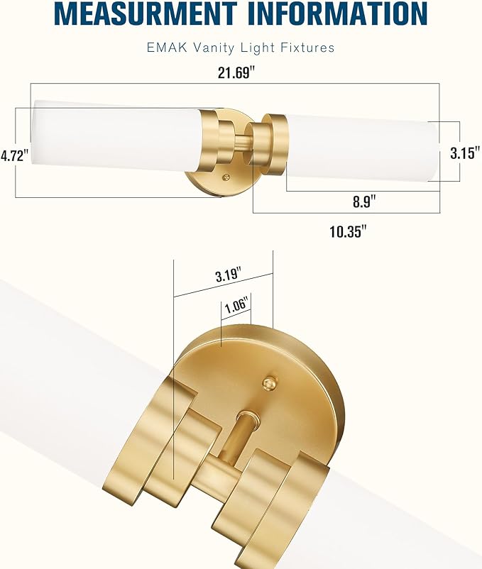 Emak 22 Inch Gold Bathroom Light Fixtures Over Mirror, 2 Light Bathroom Vanity Light with Milk Glass Shade, Modern Wall Sconce Set of Two for Bath, Hallway, VL085-GDL-ML-2-2PK