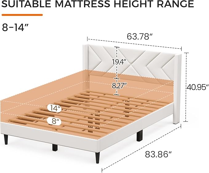 Casaottima Queen Bed Frame Upholstered Platform Bed with Wingback Headboard, Sturdy Wooden Slats Support, Noise-Free Mattress Foundation, No Box Spring Needed, Easy Assembly, Arrow Pattern Cream White