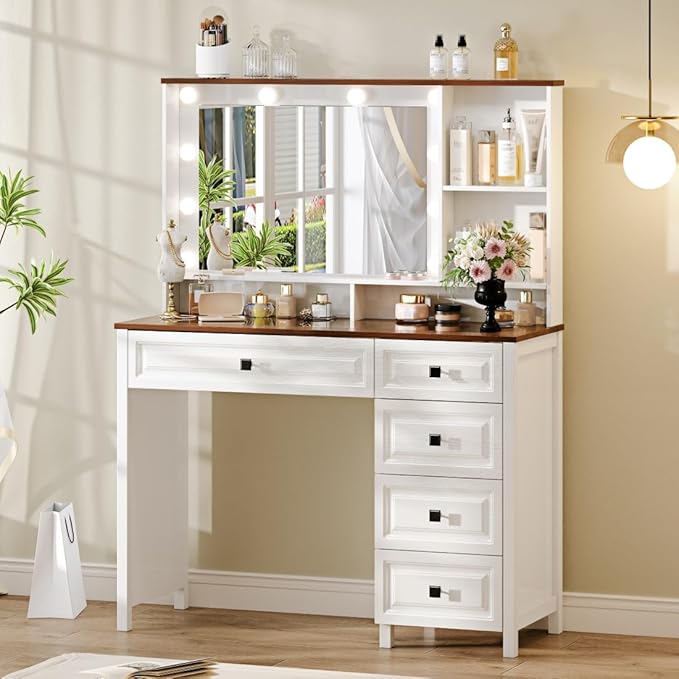 43" Large Vanity Desk with Mirror and Lights,Makeup Vanity with 10 Lights，Modern Makeup Table with 5 Drawers，Open Shelves for Bedroom Makeup Room，Cream