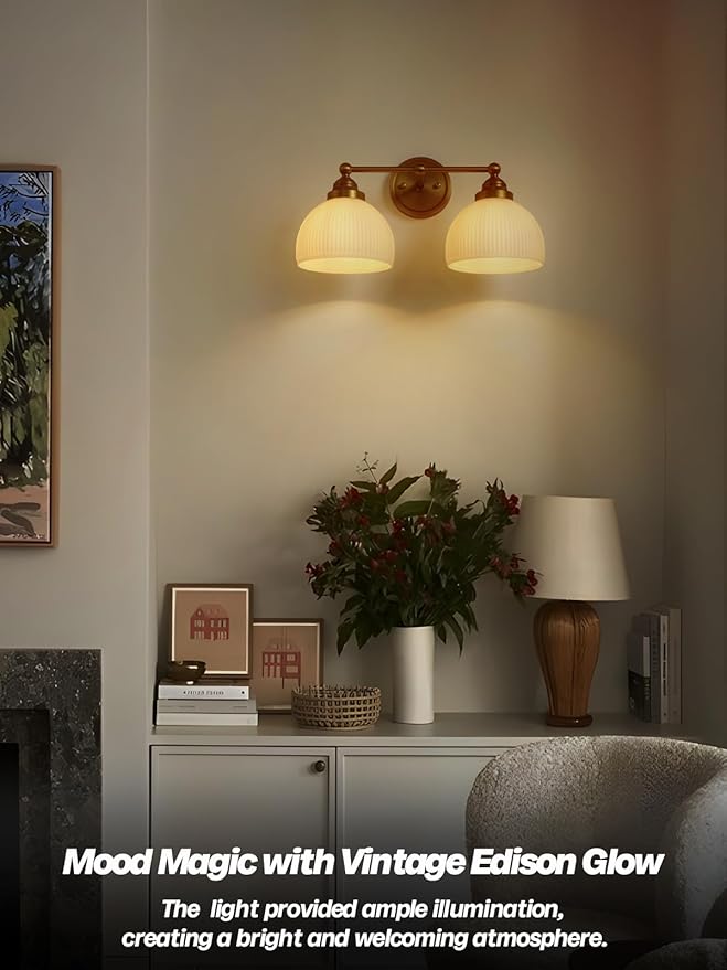 2-Lights Milk White Glass Wall Sconce Lighting Brass Finished, Double Arm Bathroom Vanity Light Fixture for Bedroom Living Room Dining Room Hallway