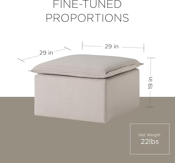 Maven Lane Claude Large Square Rustic Upholstered Ottoman, Cushioned Footrest for Living Room Couch, Chair, or Dorm Room in Dove Fabric Upholstery