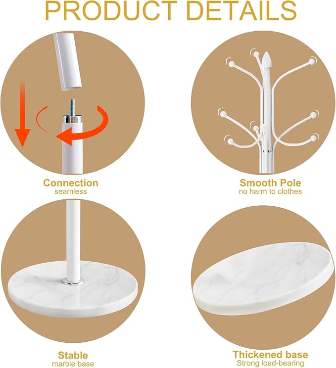 Metal Coat Rack Freestanding, Sturdy Coat Rack Stand with Natural Marble Base, White Coat Racks Tree Hats Hanger Holder Stand for Entryway, Hallway(12 Hooks)