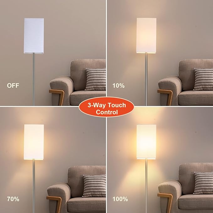 Floor Lamp, 3-Way Touch Control Dimmable Standing Lamp with Sturdy Marble Base, Brushed Nickel Touch Floor Lamp Tall Lamp with Square Linen Shade for Living Room, Bedroom, LED Bulb Included