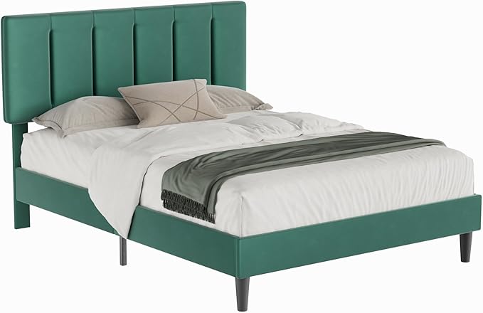 VECELO Queen Bed Frames, Upholstered Platform Bedframe, Adjustable Headboard, Wood Slat Support, No Box Spring Needed, Easy Assembly, Dark Green