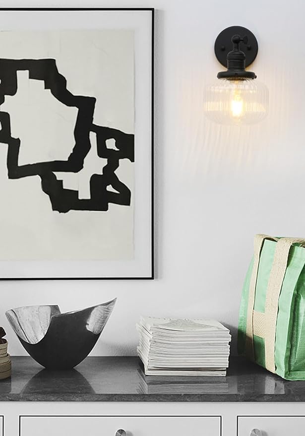 Industrial Vintage Wall Sconce 1-Light with Clear Striped Glass Globe Shade Indoor Wall Mounted Lamp Fixture (Black)