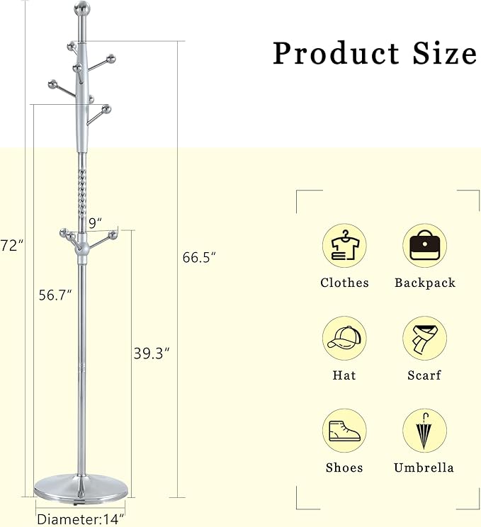 Solid Wood Coat Rack Freestanding, 77" Adjustable Hall Tree Hanger With Hooks, Coat Hanger Stand for Hanging Clothes Bags Hats in Living Room Bedroom