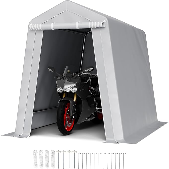 VEVOR 6x8x7 FT Portable Outdoor Storage Shed, Heavy-Duty Waterproof Shelter with Roll-Up Zipper Door & Vents, UV-Resistant Carport for Motorcycle, Bike, Lawn Mower, Tools �Gray