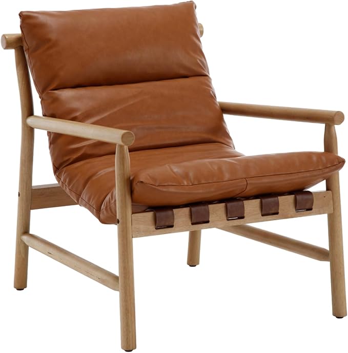 Modern Faux Leather Accent Chair, Solid Wood Lounge Chair with Removable Cushion, Low Back Reading Chair for Living Room/Bedroom/Balcony, Brown Sofa Armchair (Easy Assembly)