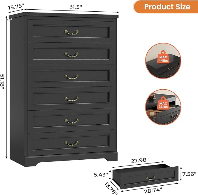 DICTAC Farmhouse 6 Drawers Dresser for Bedroom,51.2" Tall Rustic Wood Chest of Drawers,Large Storage Chest with Vintage Metal Handles, White Dresser for Bedroom,Closet,Hallway,Black