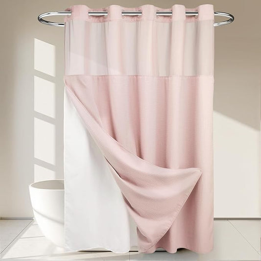 No Hooks Required Dotted Pink Shower Curtain with Snap in Liner - 71" W x 74" H,Hotel Grade,Spa Like Bath Curtain
