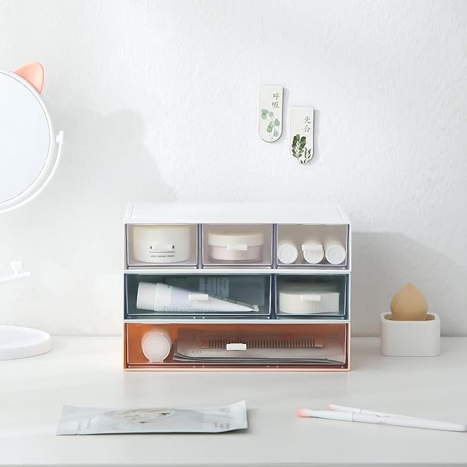 Plastic Storage Drawer, 6 Drawers Desk Organizer, Makeup Organizer, Blue (6.5" L x 8.9" W x 5.1" H)