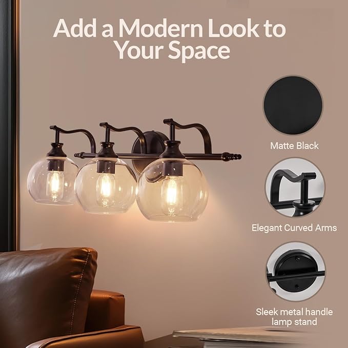 ANDY STAR Black Bathroom Light Fixture, 3 Light Vanity Lights, Rustproof Wall Lights Over Mirror, Rustic Wall Mounted Lamp, Modern Wall Sconces for Mirror, Powder Room, Bedroom