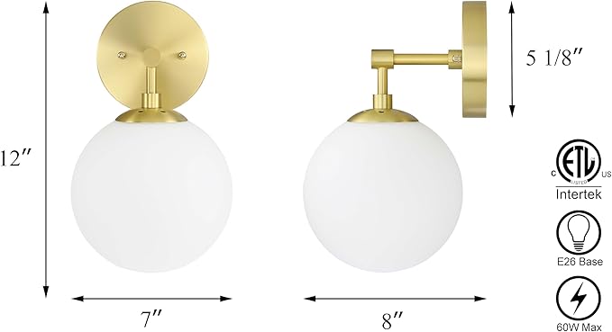 XiNBEi Lighting Wall Light 1 Light Vintage Wall Sconce with White Globe Glass in Satin Brass, Bathroom Vanity Lighting Suitable for Living Room & Hallway XB-W1211-SB