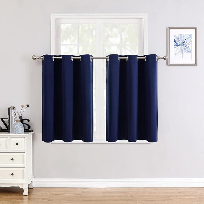 ChrisDowa Small Window Curtains for Kitchen and Bedroom - Grommet Short Thermal Insulated Room Darkening Curtains (2 Panels, Navy Blue, 36 x 24 Inch)