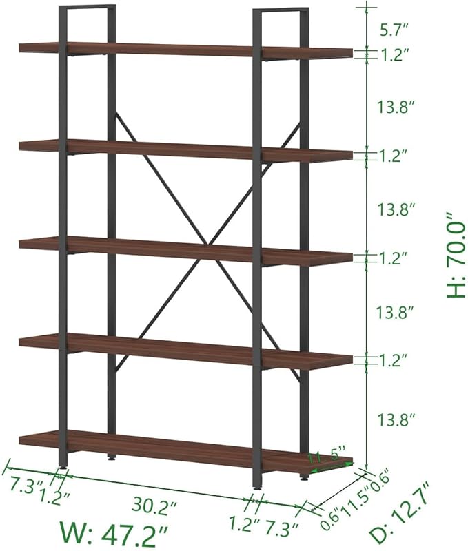 HSH Walnut 5 Tier Bookshelf, Tall Bookcases and Book Shelves 5 Shelf, Large Industrial Metal Wood Display Book Shelf Storage Rack, Rustic Open Bookcase Bookshelves for Bedroom Living Room Office