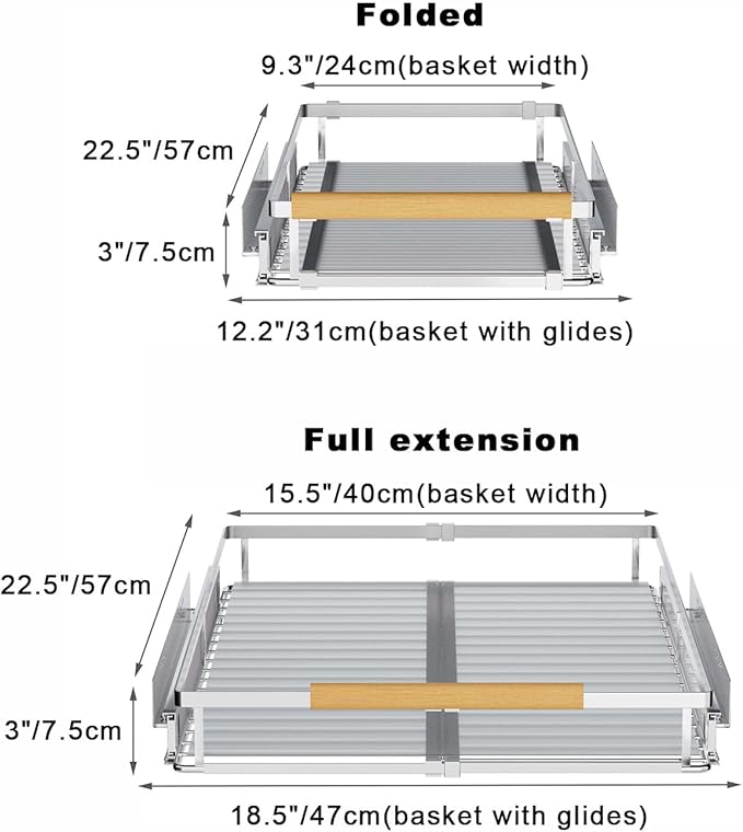 Expandable Pull Out Cabinet Organizer,Adjustable Width W:12.2”-18.5” x D:22.5”,Stainless Steel Gliding Cupboard Shelf,Heavy Duty Slide Out Wire Storage Drawer for Pantry,Closet,Under Sink