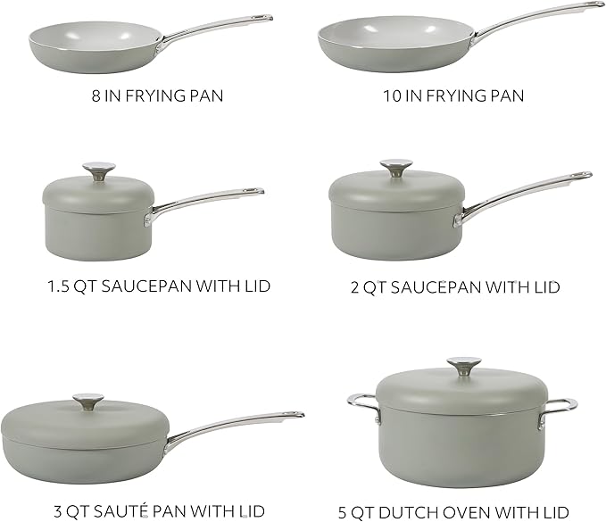 Sur La Table Kitchen Essentials Potluck Porch 10 Piece PFA Free Ceramic Non stick Interior Forged Aluminum Cookware Pots and Pans Set W/Aluminum Lids - Green - Induction Compatible