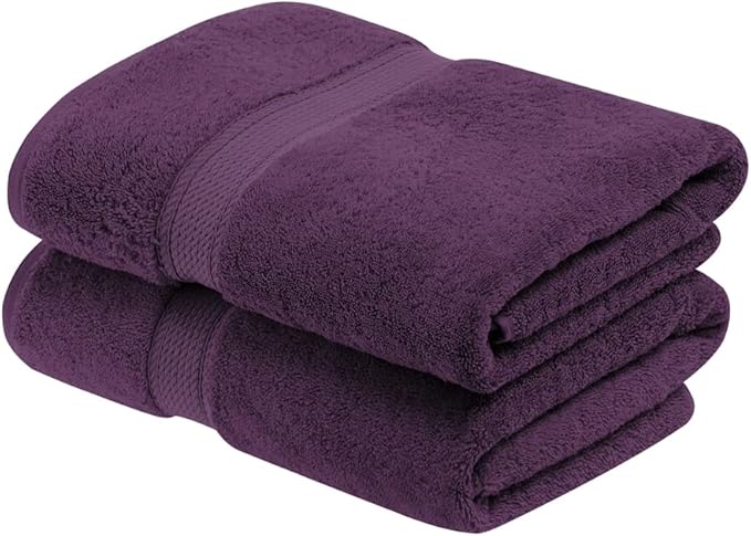 Superior Egyptian Cotton Pile Bath Towel Set of 2, Ultra Soft Luxury Towels, Thick Plush Essentials, Absorbent Heavyweight, Guest Bath, Hotel, Spa, Home Bathroom, Shower Basics, Plum