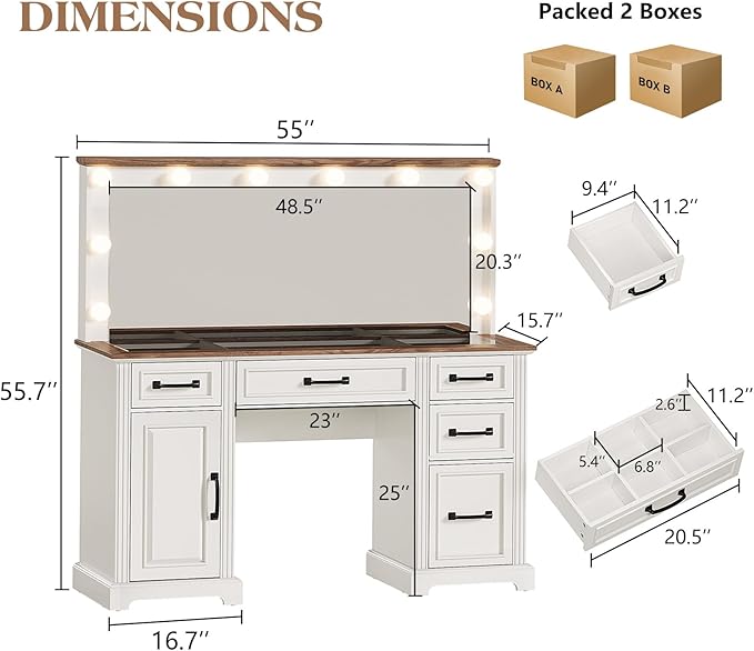 55'' Farmhouse Vanity Desk with Mirror and Lights, Large Makeup Table with Charging Station, Glass Tabletop & 5 Drawers, Rustic Dressing Table for Bedroom, Antique White