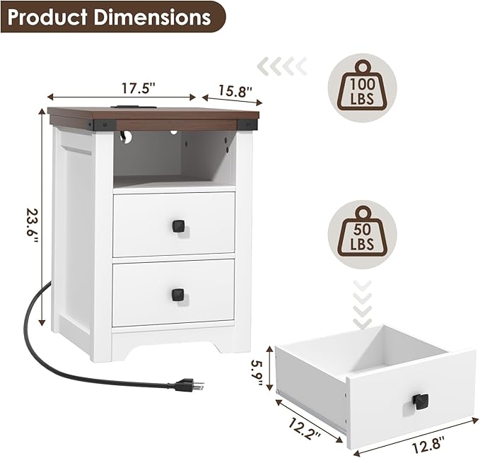 Farmhouse 2 Drawers Dresser for Bedroom, Nightstand with LED Lights, Wooden Dresser Side Table with 2 Storage Drawers, Wooden End Table for Bedroom, White