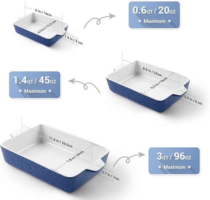 Casserole Dishes for Oven, Ceramic Baking Dishes, Lasagna Pan with Handles, Porcelain Baking Pan Deep, Bakeware for Baking, Cooking, Wedding Gift, Set of 3 (11.6" x 7.8", Dark Blue)