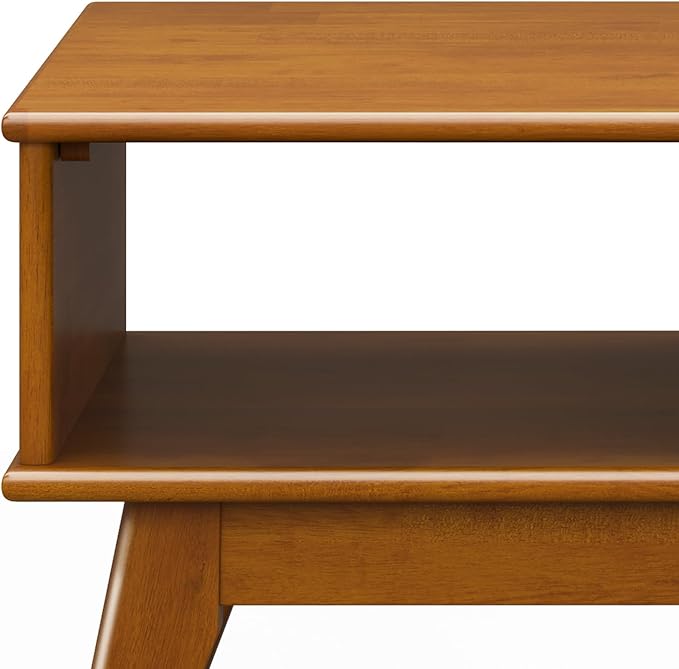 SIMPLIHOME Draper Lift Top Coffee Table - 48 inch Wide Solid Hardwood Mid-Century Modern Cocktail Table in Teak Brown, Functional Living Room Table with Storage Compartment, Open Shelf and Angled Legs