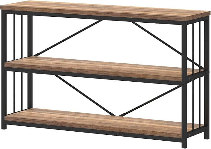 IBF 3 Tier Bookshelf Storage Organizer, Industrial Short Wide Open Horizontal Bookcase, Farmhouse Low Wood Metal Book Shelf for Office, Modern Vintage Etagere in Bedroom Living Room, Rustic Oak, 47 In