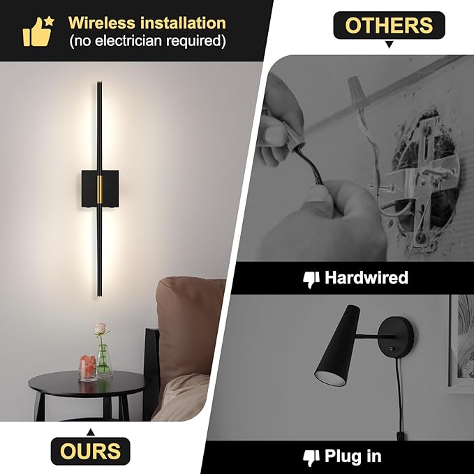 Battery Operated Wall Sconces Set of 2, Battery Wall Sconce with Remote Control,350°Rotate, LED Rechargeable Sconces,3000K-6000K Wireless Wall Light for Bedroom, Living Room, Hallway (Black,28Inch)