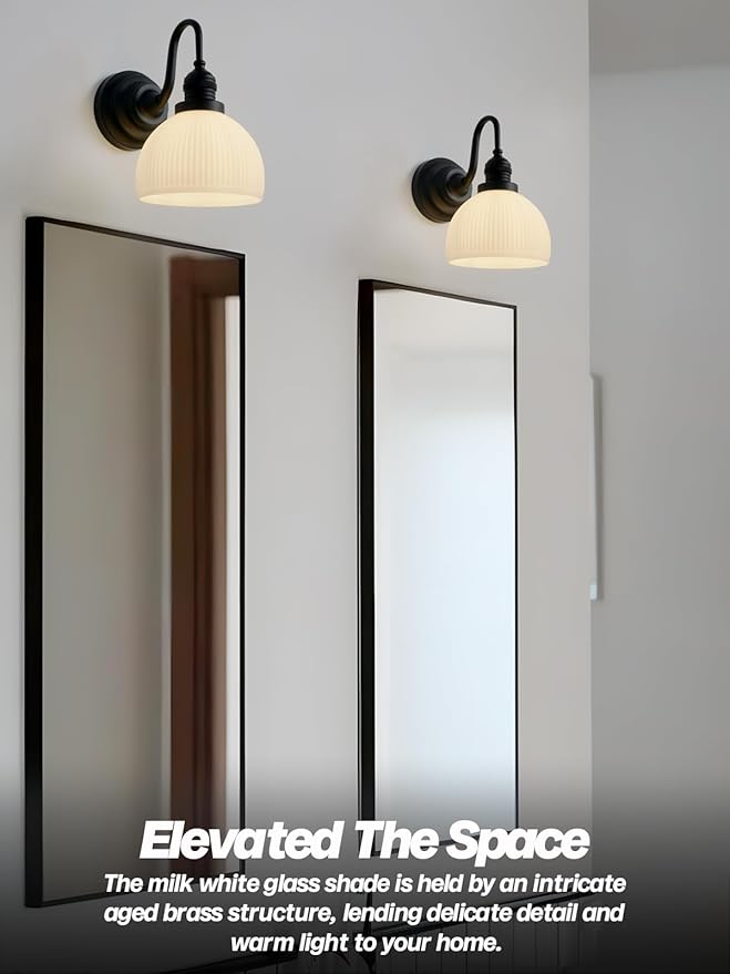 Vintage Wall Sconce Light, Black Bathroom Vanity Light with Striped Bowl Milk Glass Farmhouse Hardwire Wall Mounted Lamp for Bathroom Mirror Living Room Bedroom Kitchen E26 Indoor