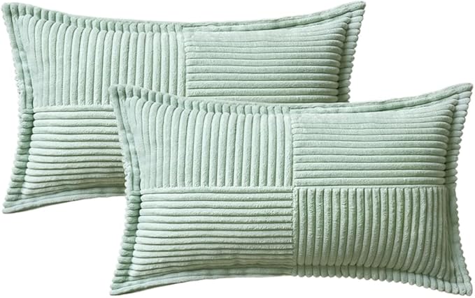 MIULEE Mint Green Corduroy Lumbar Pillow Covers 12x20 Inch 12x20 Inch with Splicing Set of 2 Soft Boho Pillow Covers Broadside Decorative Textured Summer Pillowcases for Couch Bed Livingroom