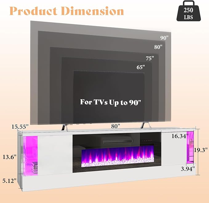 AMERLIFE High Gloss Fireplace TV Stand with 40" Fireplace, 80" LED Lights Entertainment Center with Flip Doors & Corner Glass Decor, Modern TV Console Table for TVs up to 90", Living Room, White