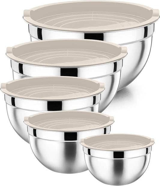 P&P CHEF Mixing Bowl with Airtight Lid Set of 5, 10-Piece Stainless Steel Nesting Salad Bowl Set for Prepping, Mixing and Serving, Size 4.6, 3, 1.5, 1, 0.7 QT, Rimmed Edges & Flat Base, Khaki