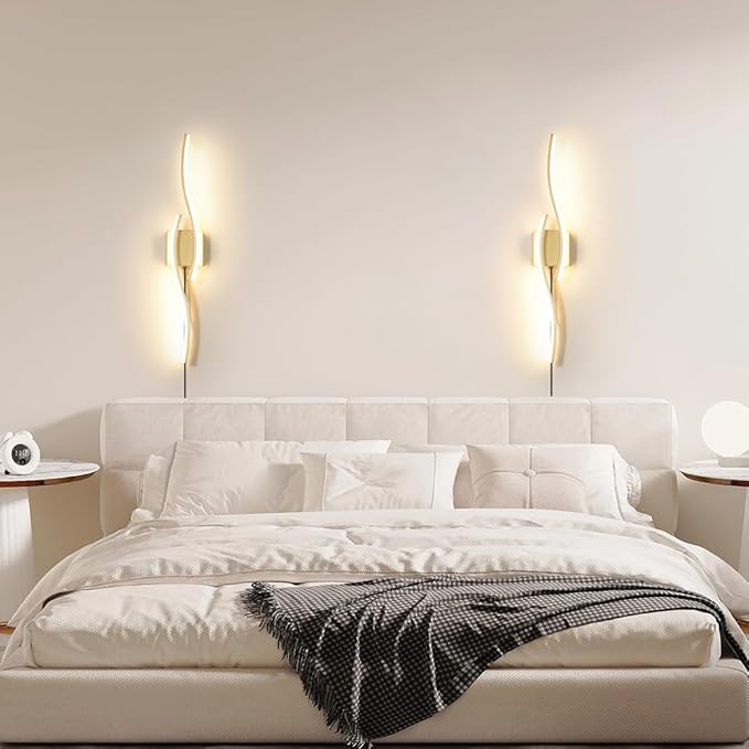 Modern Gold Plug in Wall Sconce Set of 2, Indoor Dimmable Light Fixture with Plug in Cord for Living Room, LED Sconces Lighting with Remote Control, Wall Lighting Decor for Hallway Bedroom