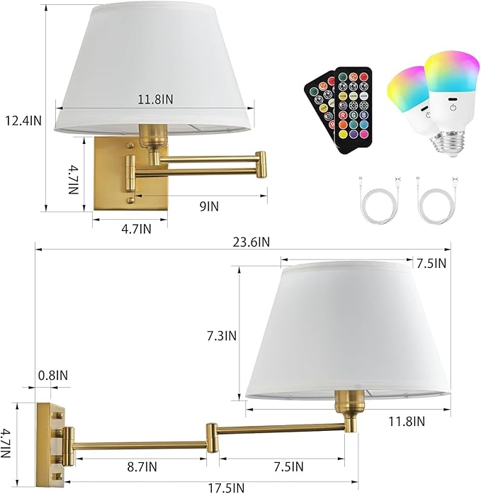 Battery Operated Wall Sconces Set of Two with Remote Control, Rechargeable Cordless Swing Arm Wall Lamp, Dimmable/3 Colors/9 RGB/Night Light/Timer, Gold Wireless Wall Sconces, No Hardwired